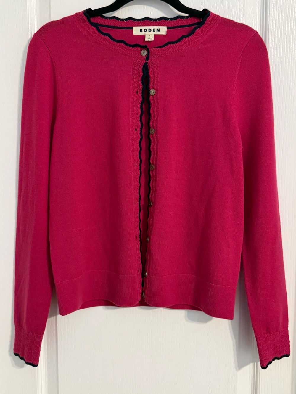 Boden Fuchsia 100% Wool Cardigan with Navy Scalloped Trim Sz S
